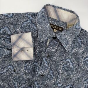 Stetson Mens Paisley Western Long Sleeve Snap Button Shirt Medium Blue